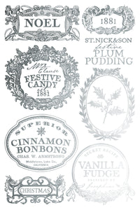 Collection of vintage-style product labels with decorative elements on a white background