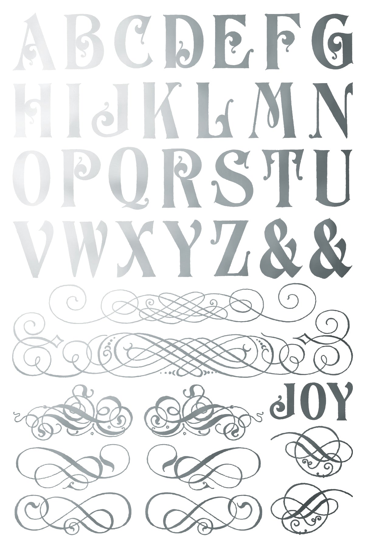 Decorative alphabet letters and symbols on a white background