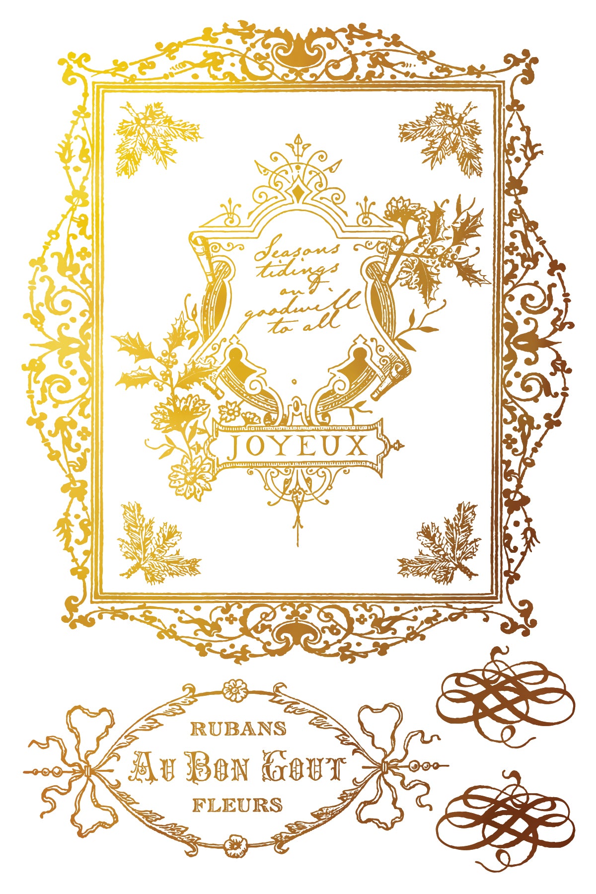 Decorative gold frame with floral elements and text on a white background