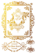 Load image into Gallery viewer, Decorative gold frame with floral elements and text on a white background