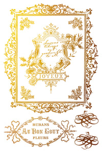Decorative gold frame with floral elements and text on a white background