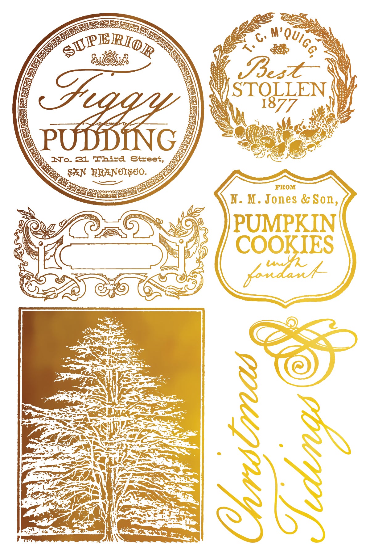 Collection of vintage-style product labels with decorative fonts and illustrations on a white background.