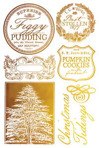 Collection of vintage-style product labels with decorative fonts and illustrations on a white background.
