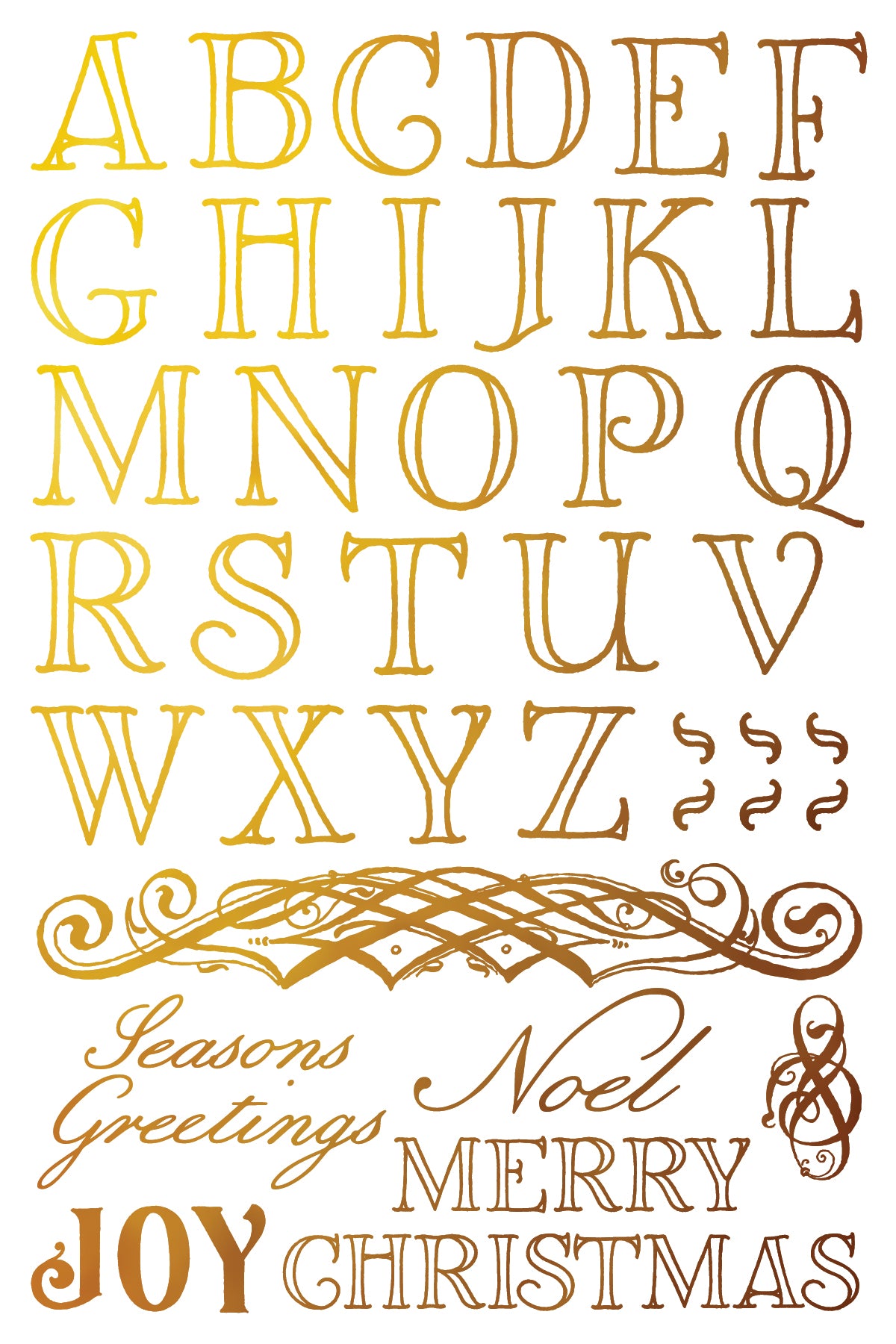 Decorative Christmas alphabet with gold letters and festive phrases on a white background