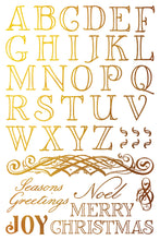 Load image into Gallery viewer, Decorative Christmas alphabet with gold letters and festive phrases on a white background