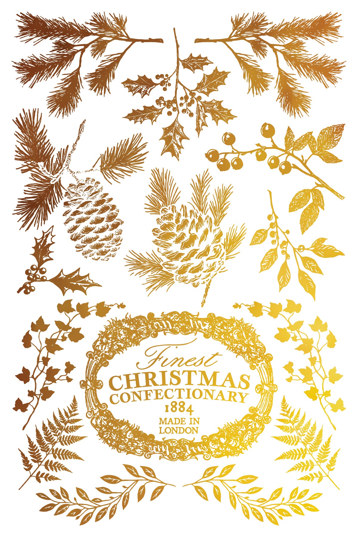 Decorative design with gold Christmas elements and text on a white background