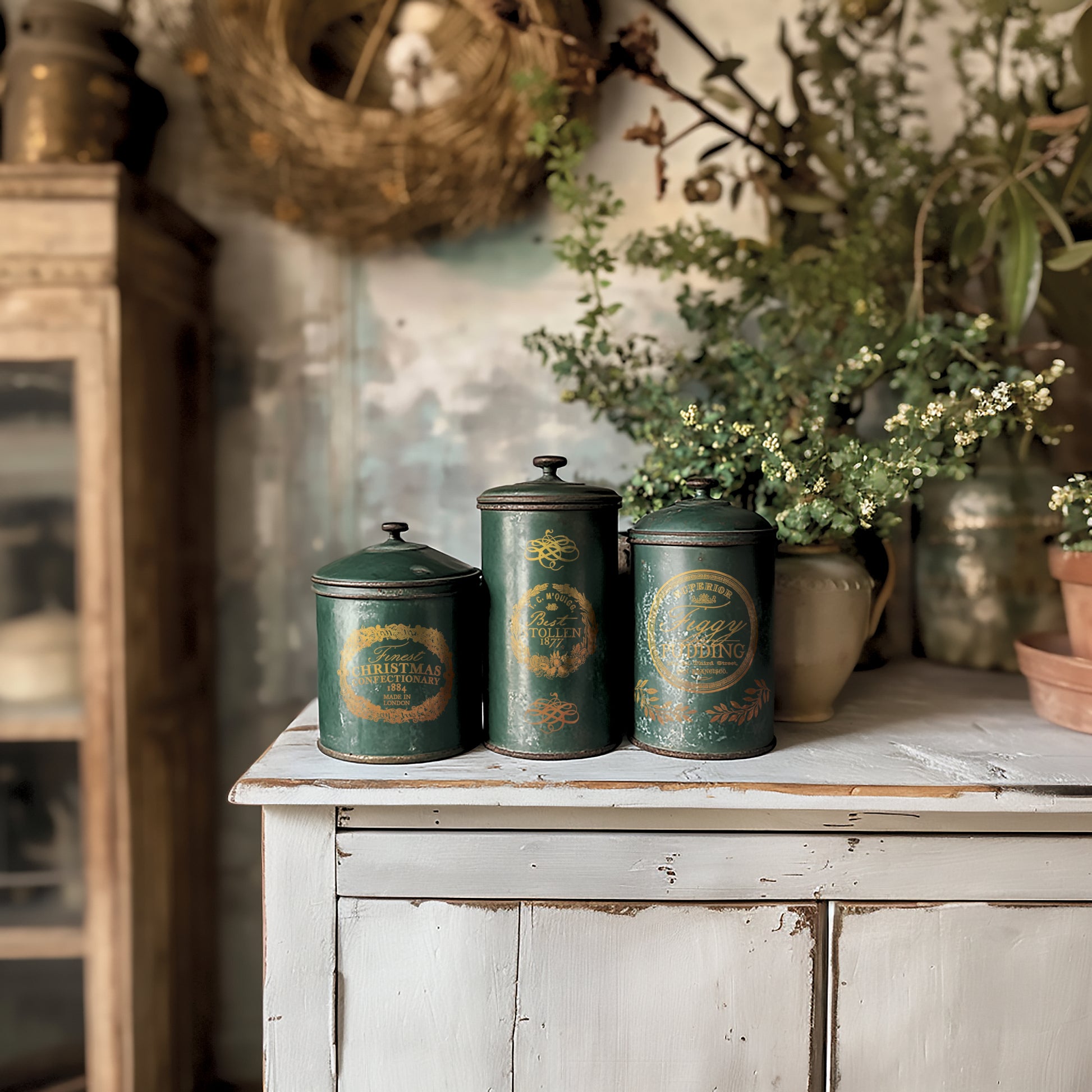 Set of vintage-style green canisters on a rustic wooden surface with plants in the background.
