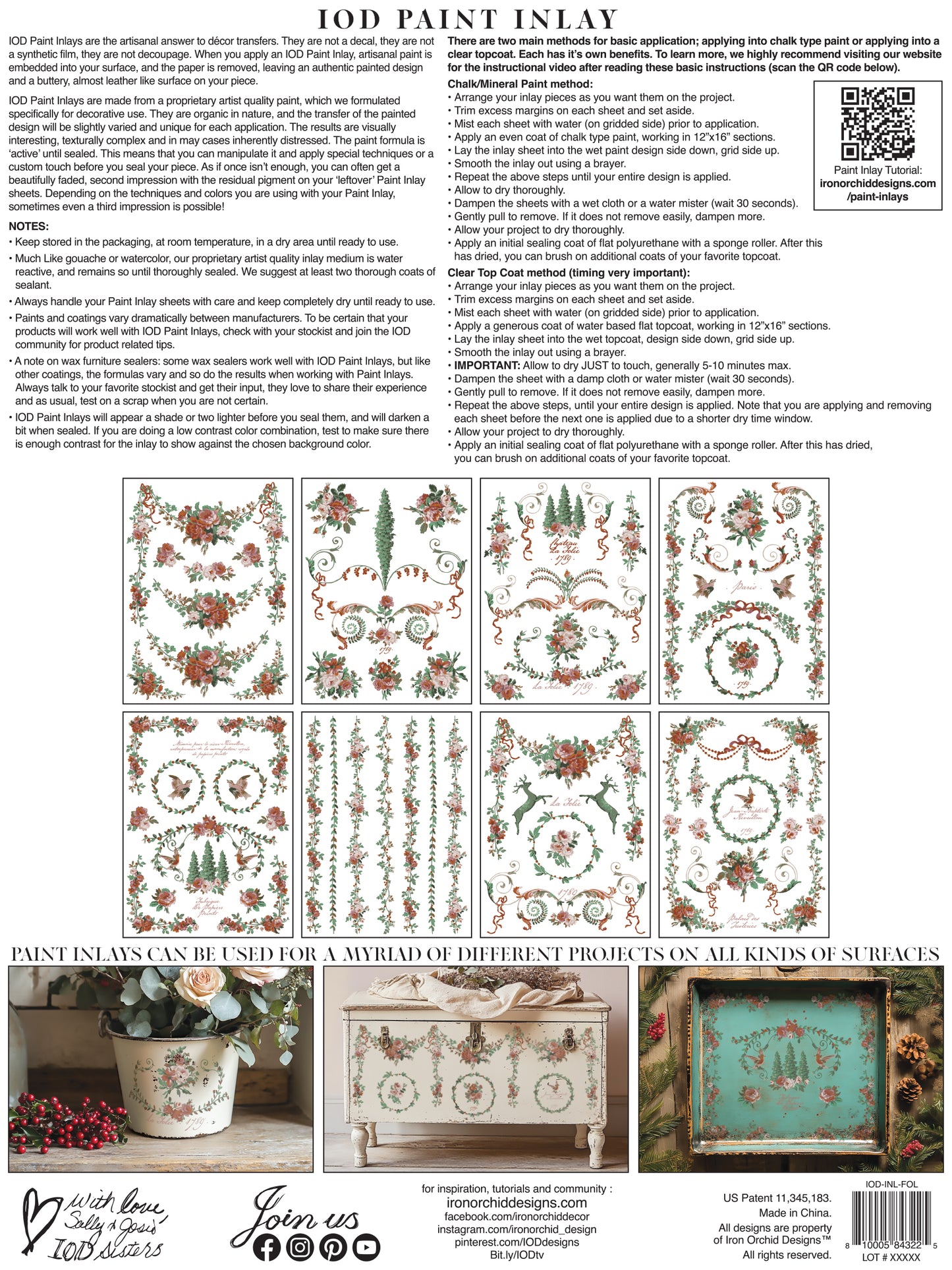 Product packaging for IOD Paint Inlay with floral patterns and text on a white background