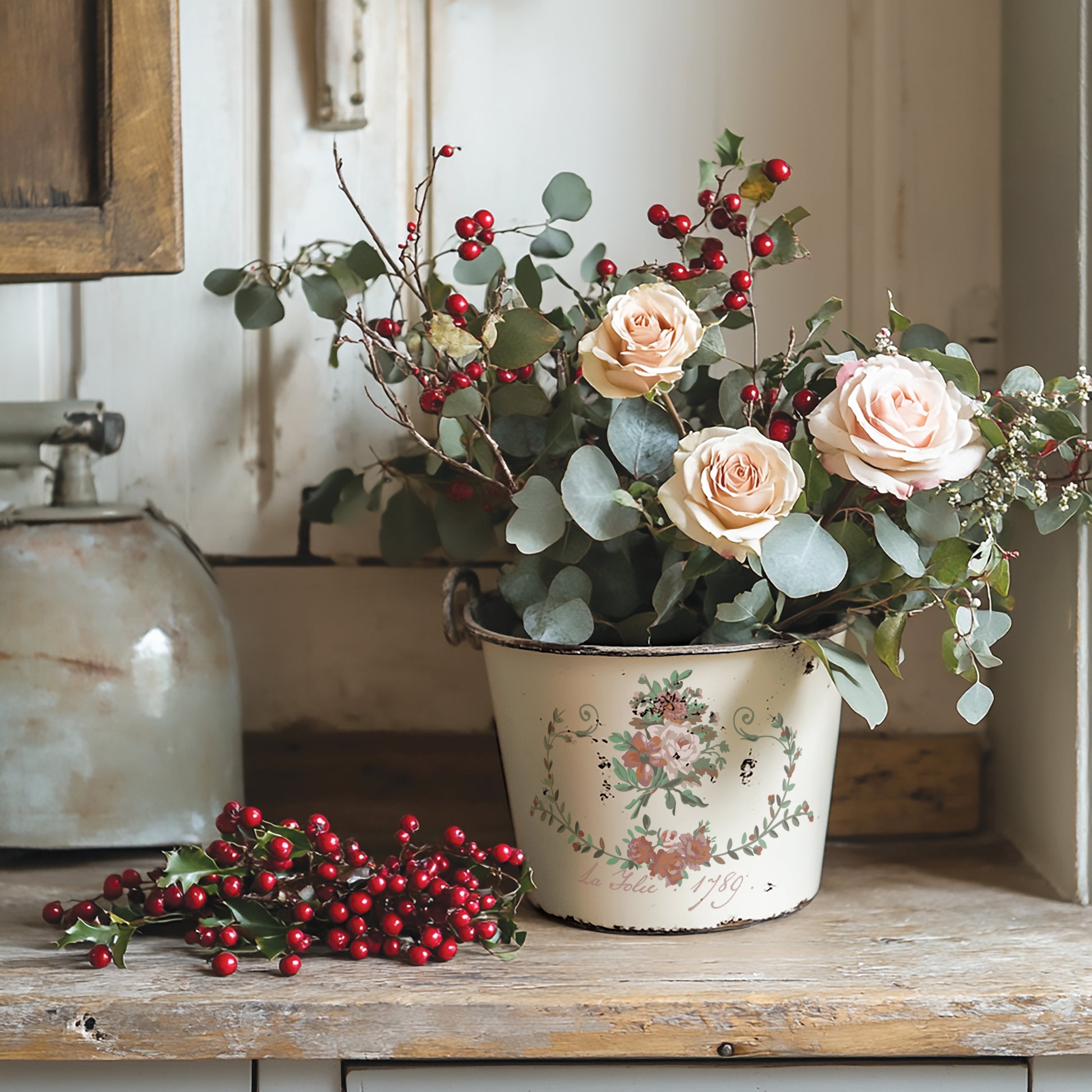 Decorative floral arrangement in a vintage-style metal bucket on a wooden surface.