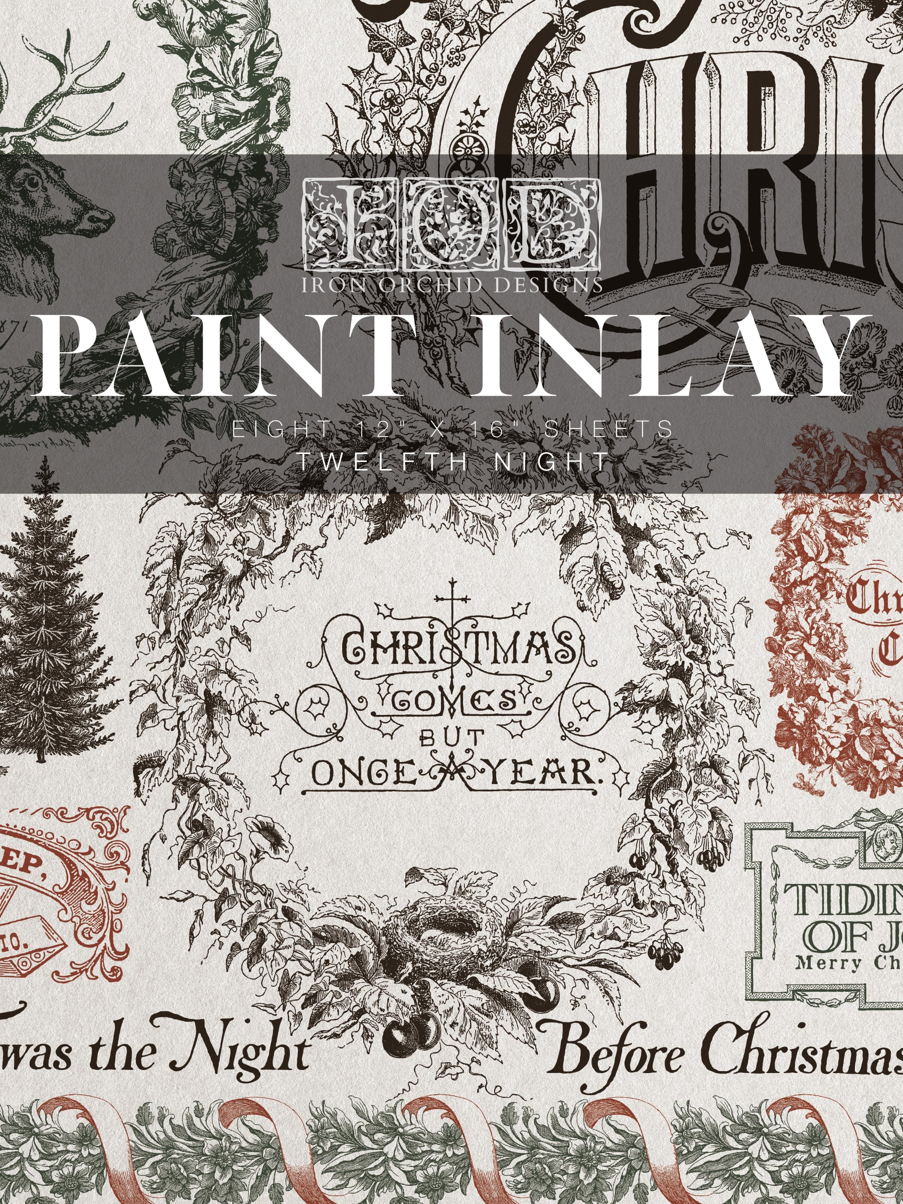 Decorative paint inlay with Christmas-themed designs and text, featuring the brand 'Iron Orchid Designs'.