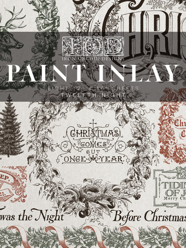 Decorative paint inlay with Christmas-themed designs and text, featuring the brand 'Iron Orchid Designs'.