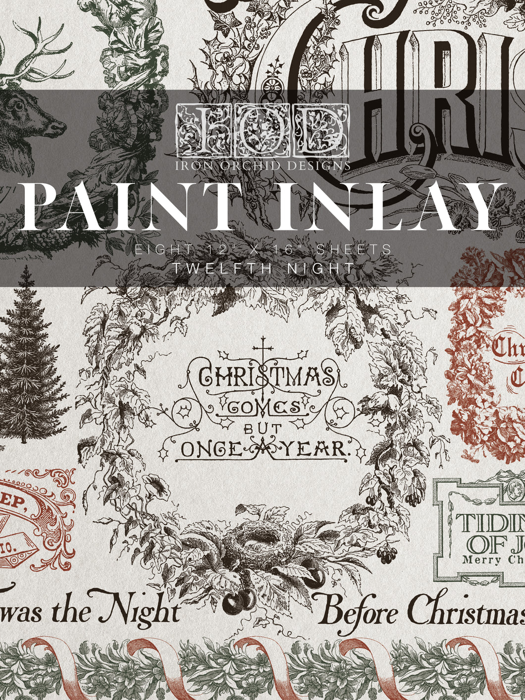 Decorative paint inlay with Christmas-themed designs and text, featuring the brand 'Iron Orchid Designs'.