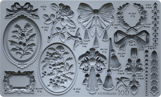 Decorative mold with floral, butterfly, and wreath designs on a gray background