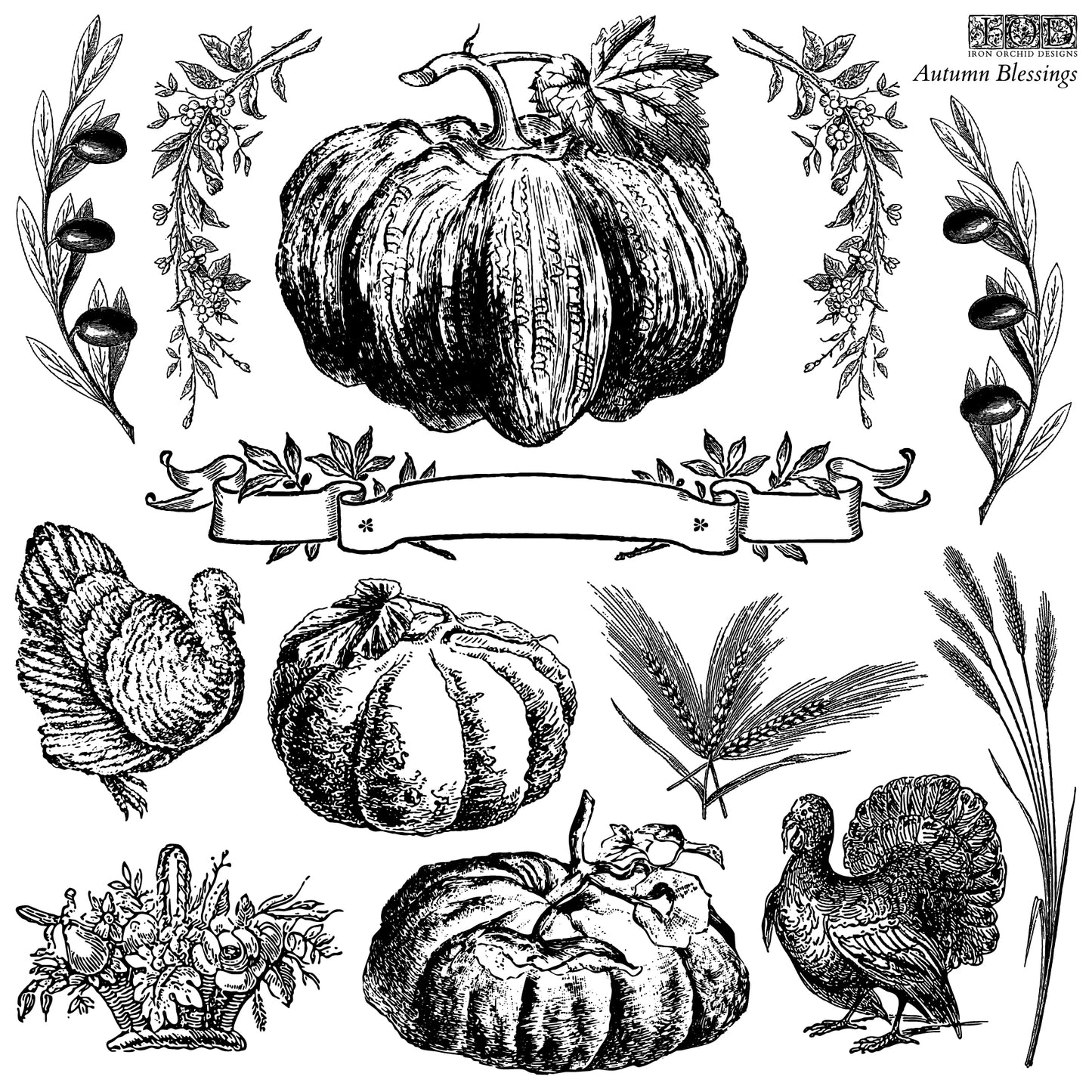 Vintage-style illustrations of pumpkins, turkeys, and autumn elements on a stamp for crafts and furniture