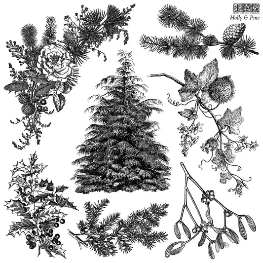 Black and white illustration of holly, pine, and other winter elements on a Iron Orchid Designs Stamp