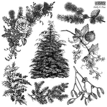 Load image into Gallery viewer, Black and white illustration of holly, pine, and other winter elements on a Iron Orchid Designs Stamp