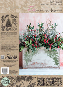 Decorative paper with floral arrangement and text on a textured background using IOD Stamps