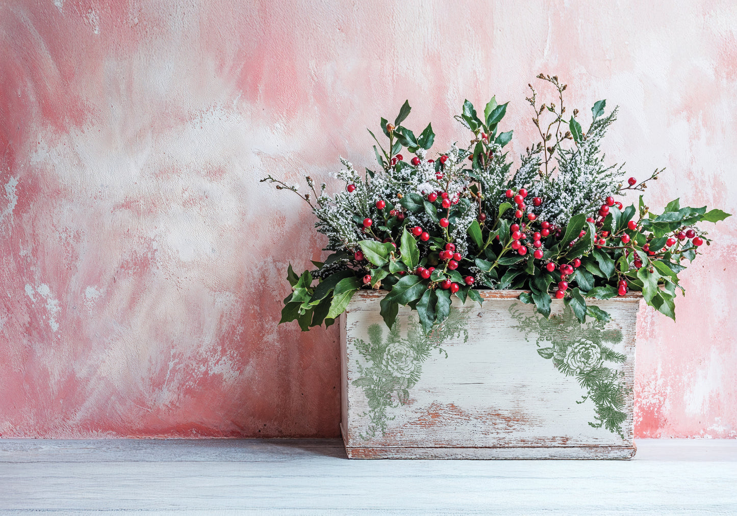 Decorative floral arrangement with red berries in a wooden box using IOD Stamps