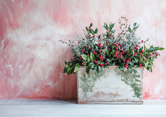 Decorative floral arrangement with red berries in a wooden box using IOD Stamps