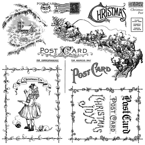 Collection of vintage-style Christmas postcard design stamps with reindeer, Santa Claus, and decorative text.