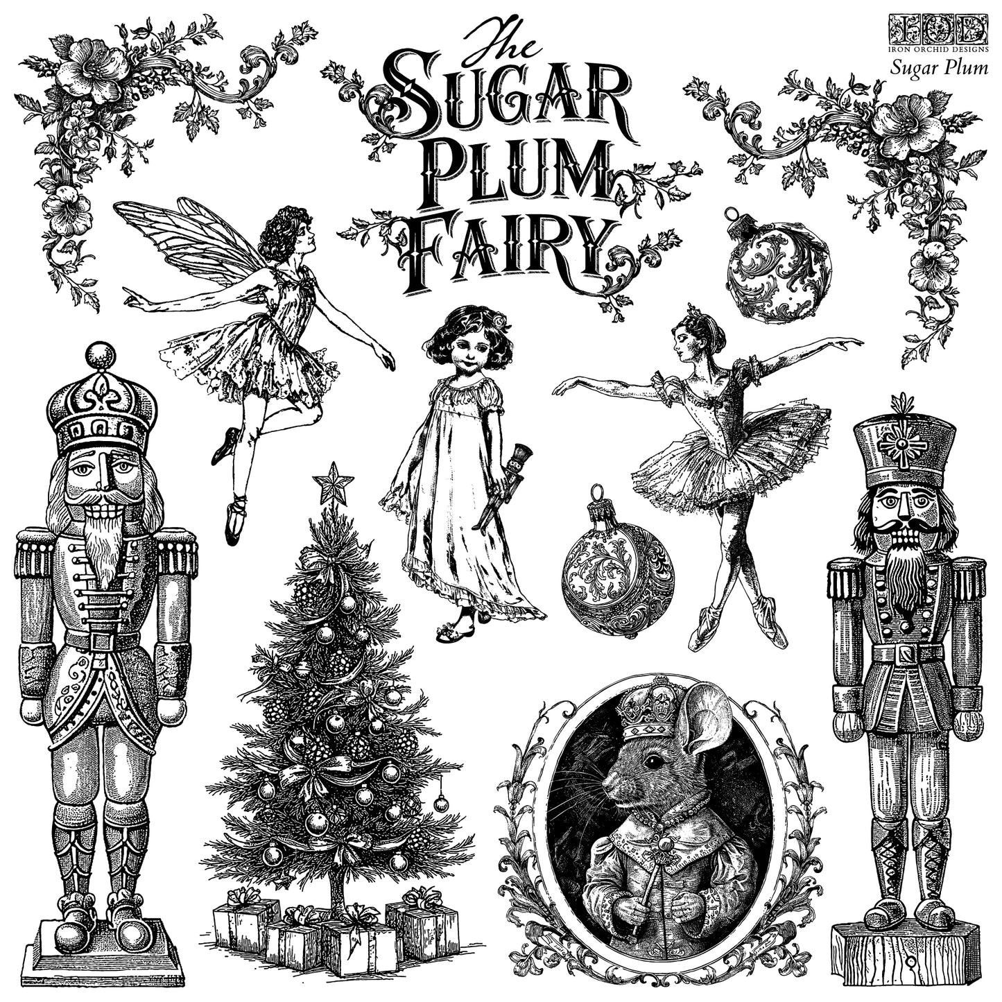 Vintage-style illustrations of Christmas-themed characters including a fairy, ballerina, and nutcrackers on an IOD Stamp