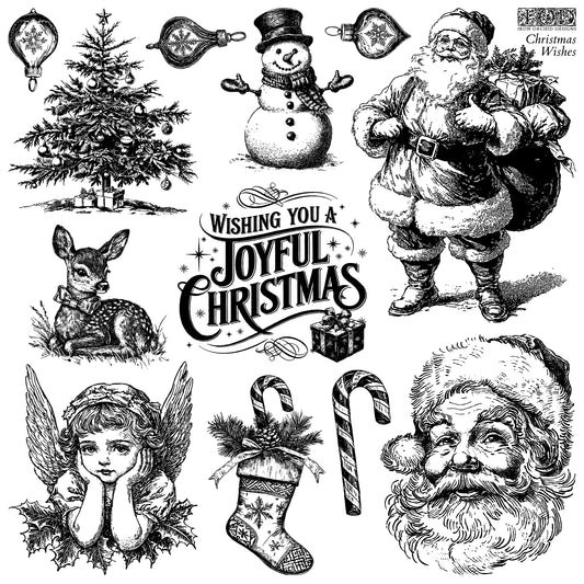 Collection of vintage-style Christmas stamps including Santa Claus, reindeer, snowman, and Christmas tree.