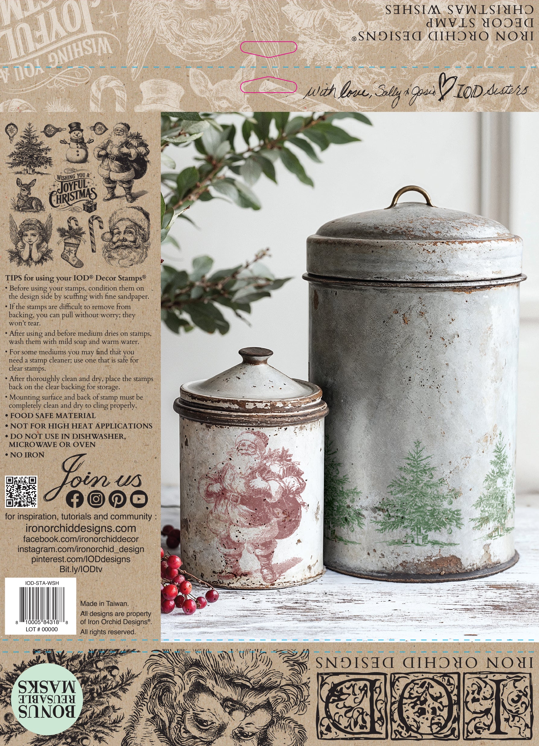 Decorative canisters with rustic designs on a wooden surface, featuring a Iron Orchid Designs packaging and branding.