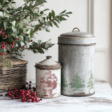 Load image into Gallery viewer, Two vintage-style metal canisters with decorative lids on a wooden surface with greenery and berries using IOD Stamps