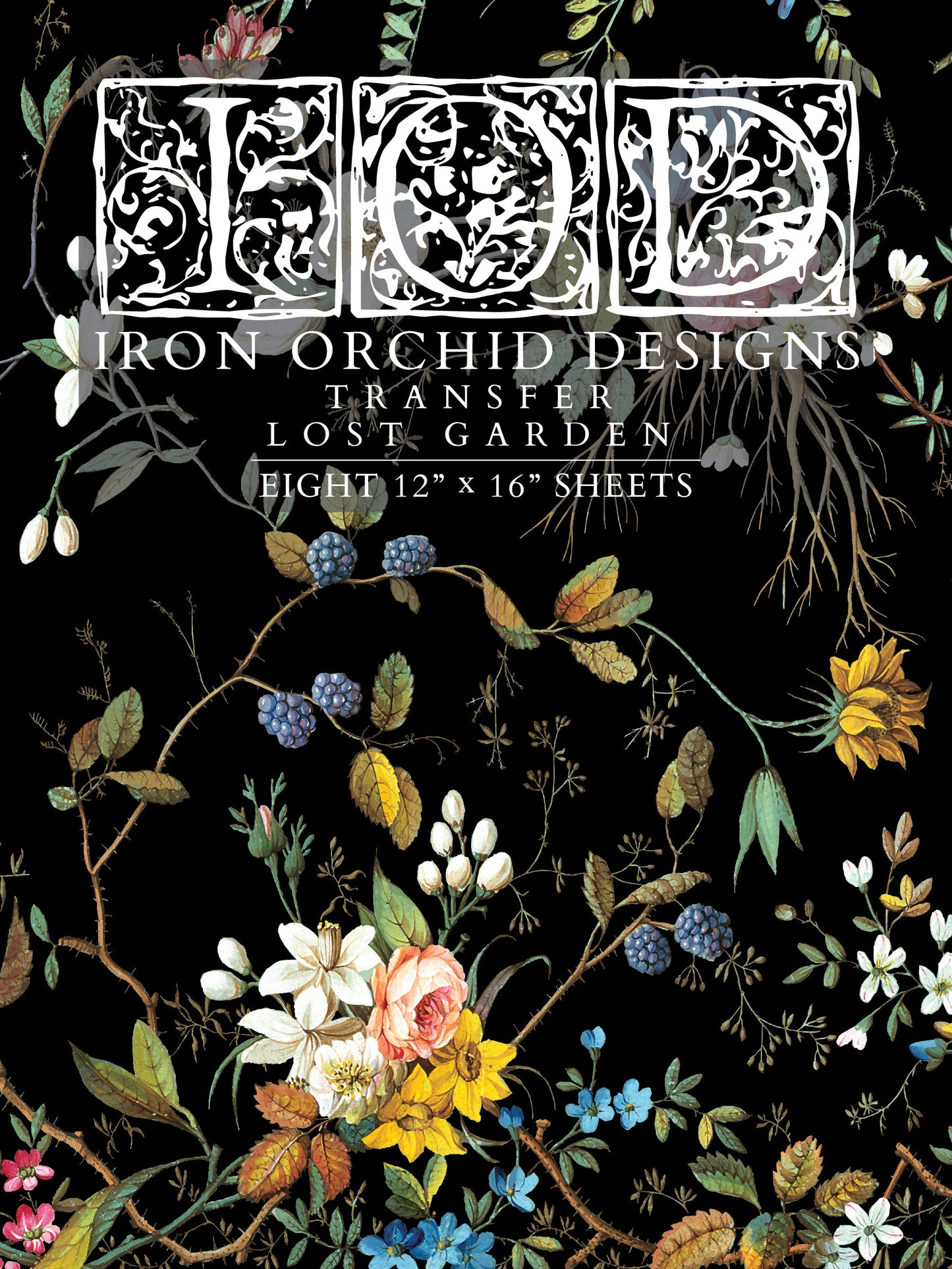 Packaging for Iron Orchid Designs transfer sheet with floral patterns.