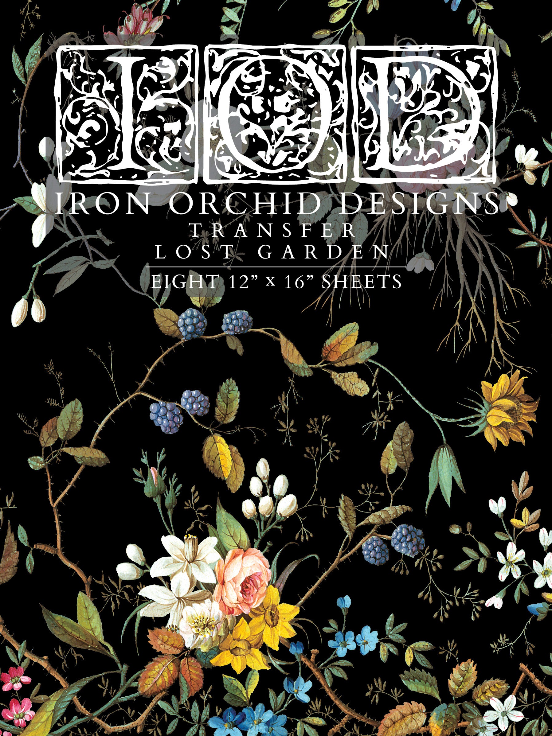 Packaging for Iron Orchid Designs transfer sheet with floral patterns.
