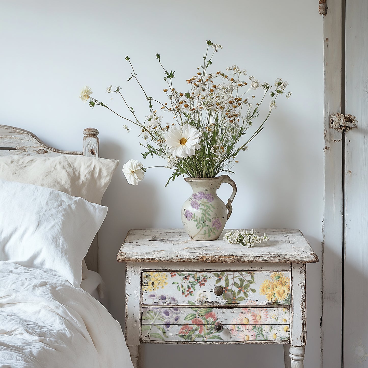 IOD Sarah Featons Botanicals decor transfer applied to painted dresser surface