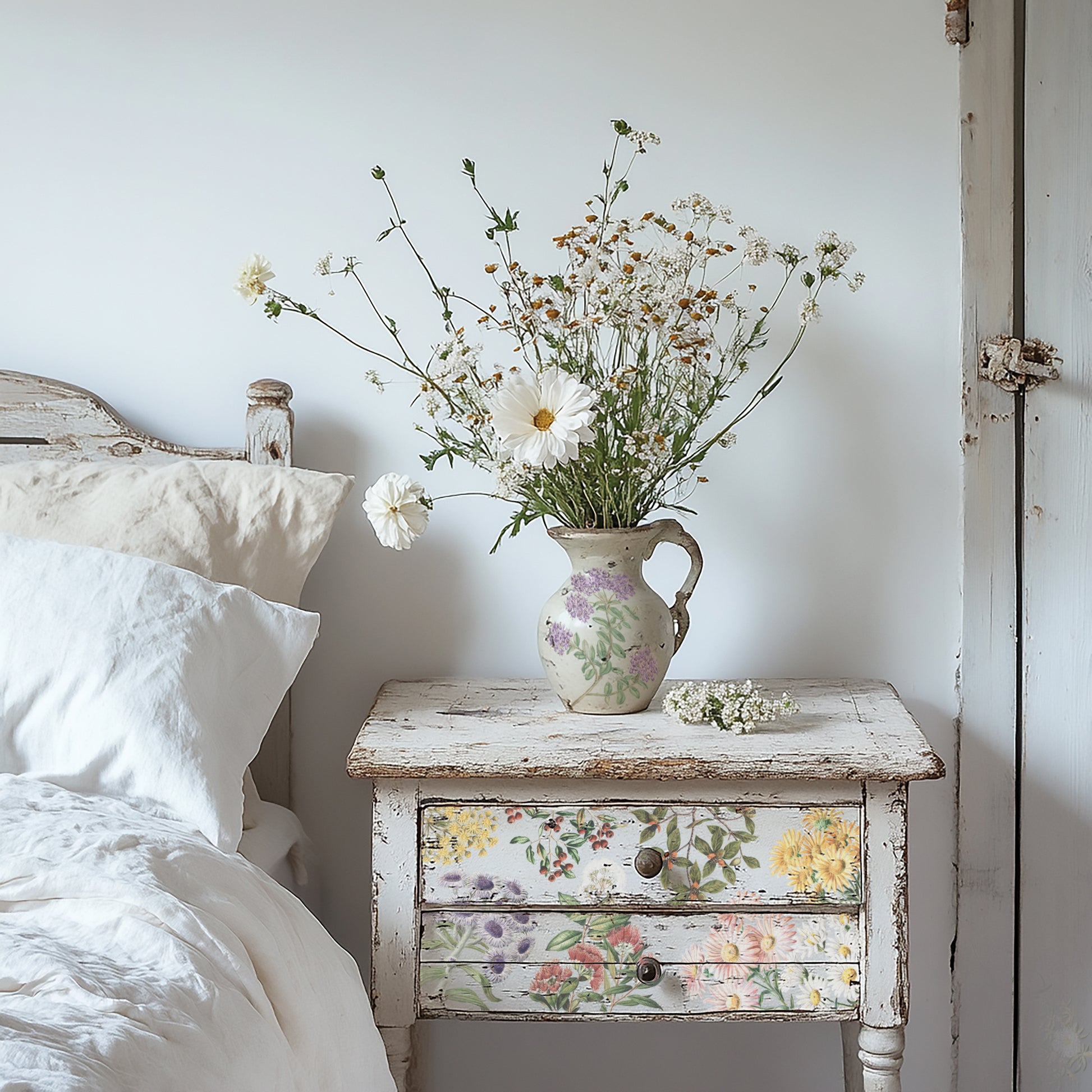 IOD Sarah Featons Botanicals decor transfer applied to painted dresser surface