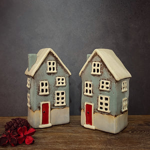 Grey Country Tealight House with Red Door - Village Pottery