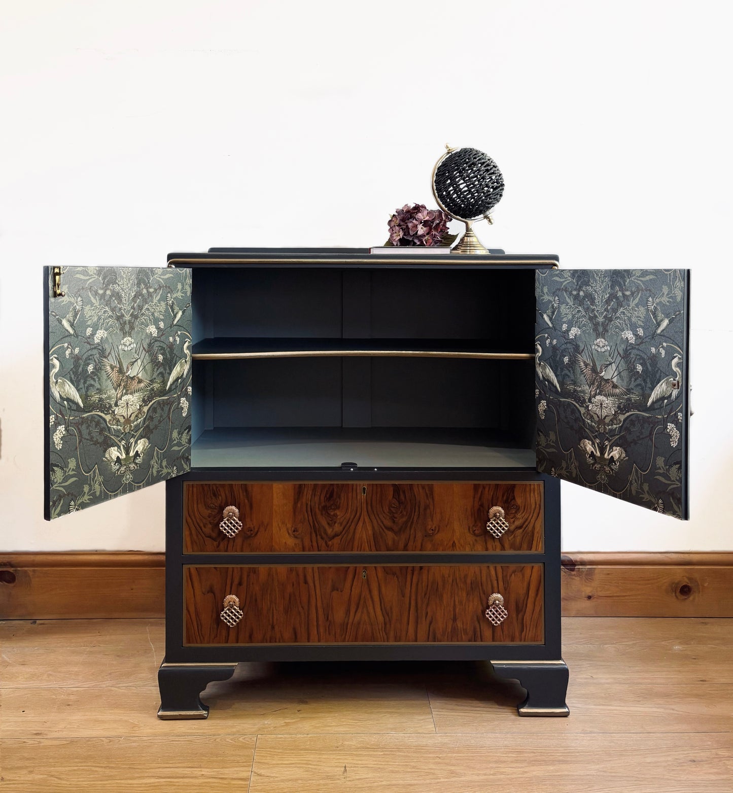 Vintage Art Deco Walnut Cabinet – Black Painted Finish with Becca Who Wallpaper