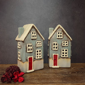 Grey Country Tealight House with Red Door - Village Pottery