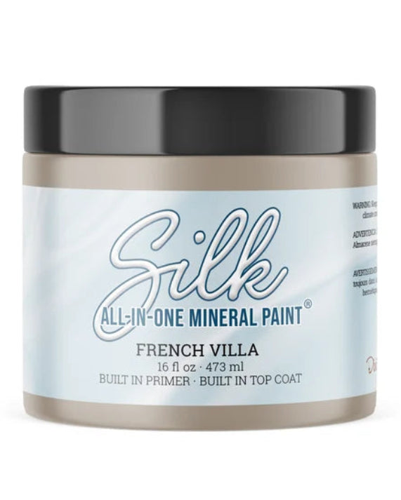 Jar of Silk All-in-One Mineral Paint in French Villa color on a white background