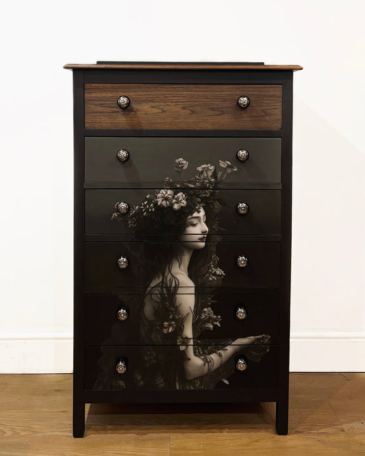 'Siren' Chest of Drawers - Black and Dark Oak with Decoupage