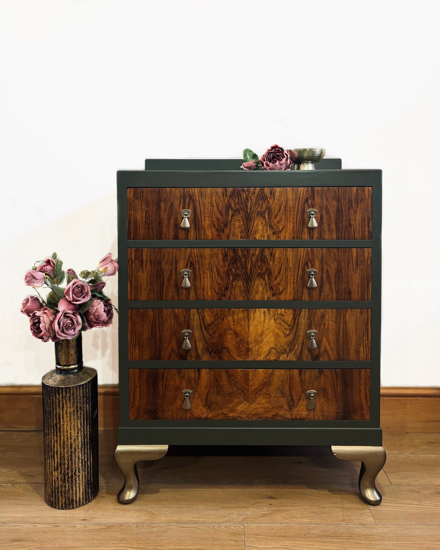 Walnut Chest of Drawers with Dark Forest Green and Bronze