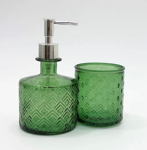 Apple Green Glass Bathroom Set - Soap Dispenser and Cup