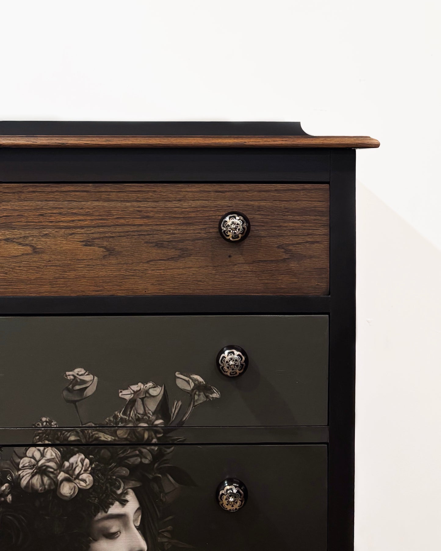 'Siren' Chest of Drawers - Black and Dark Oak with Decoupage