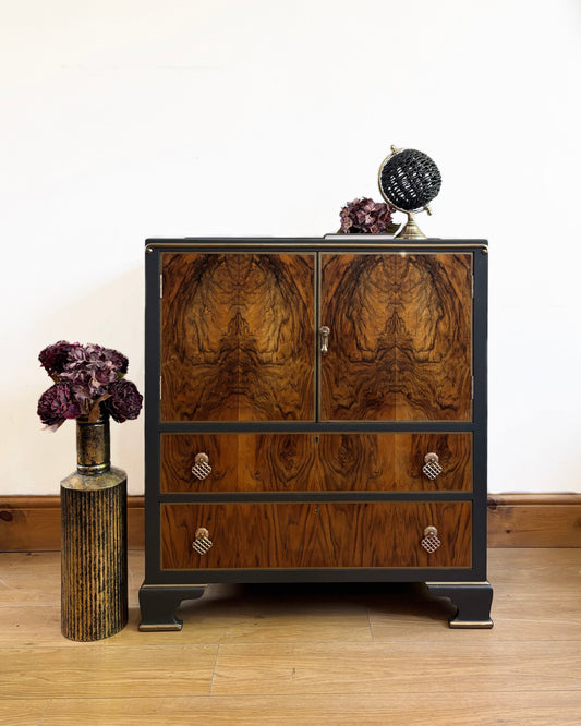 Vintage Art Deco Walnut Cabinet – Black Painted Finish with Becca Who Wallpaper