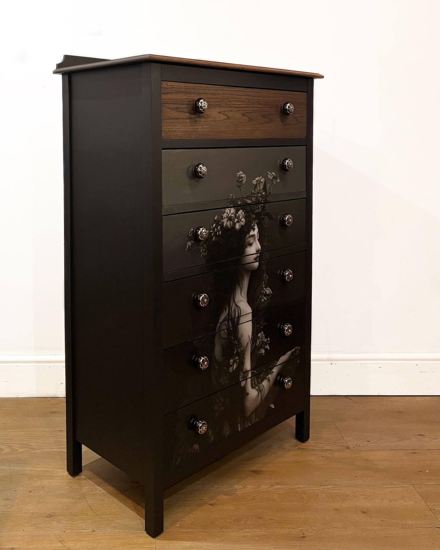 'Siren' Chest of Drawers - Black and Dark Oak with Decoupage