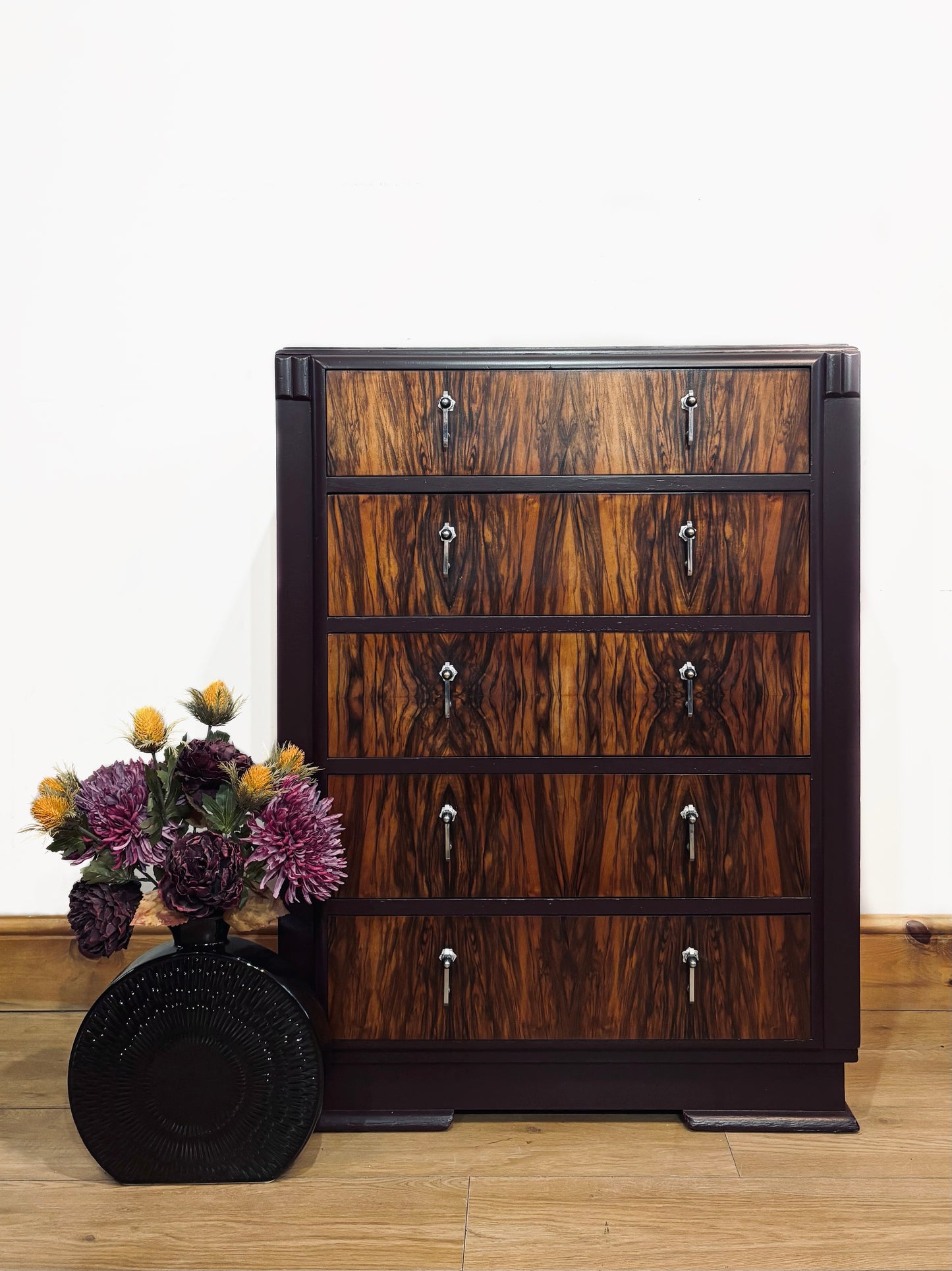 Art Deco Walnut Chest of Drawers with Dark Mahogany Purple