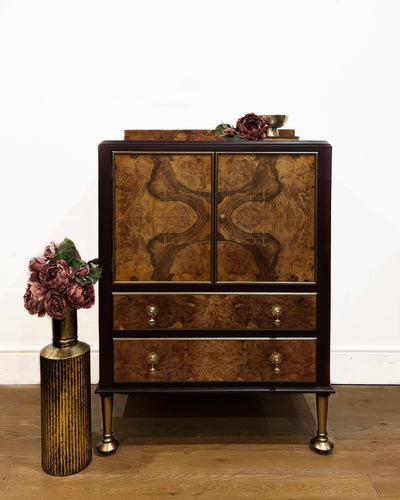 Vintage Walnut Cabinet – Dark Purple Painted Finish with Little Greene Wallpaper