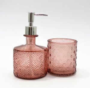 Blush Pink Glass Bathroom Set - Soap Dispenser and Cup