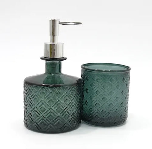 Prussian Blue Glass Bathroom Set - Soap Dispenser and Cup