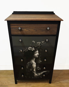 'Siren' Chest of Drawers - Black and Dark Oak with Decoupage