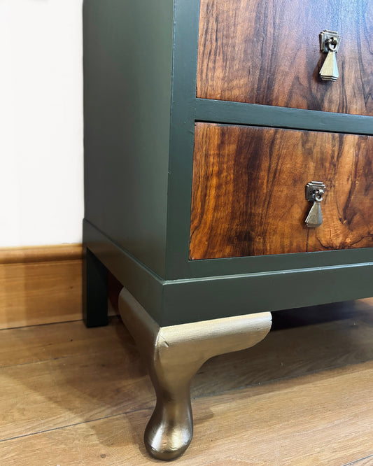 Walnut Chest of Drawers with Dark Forest Green and Bronze