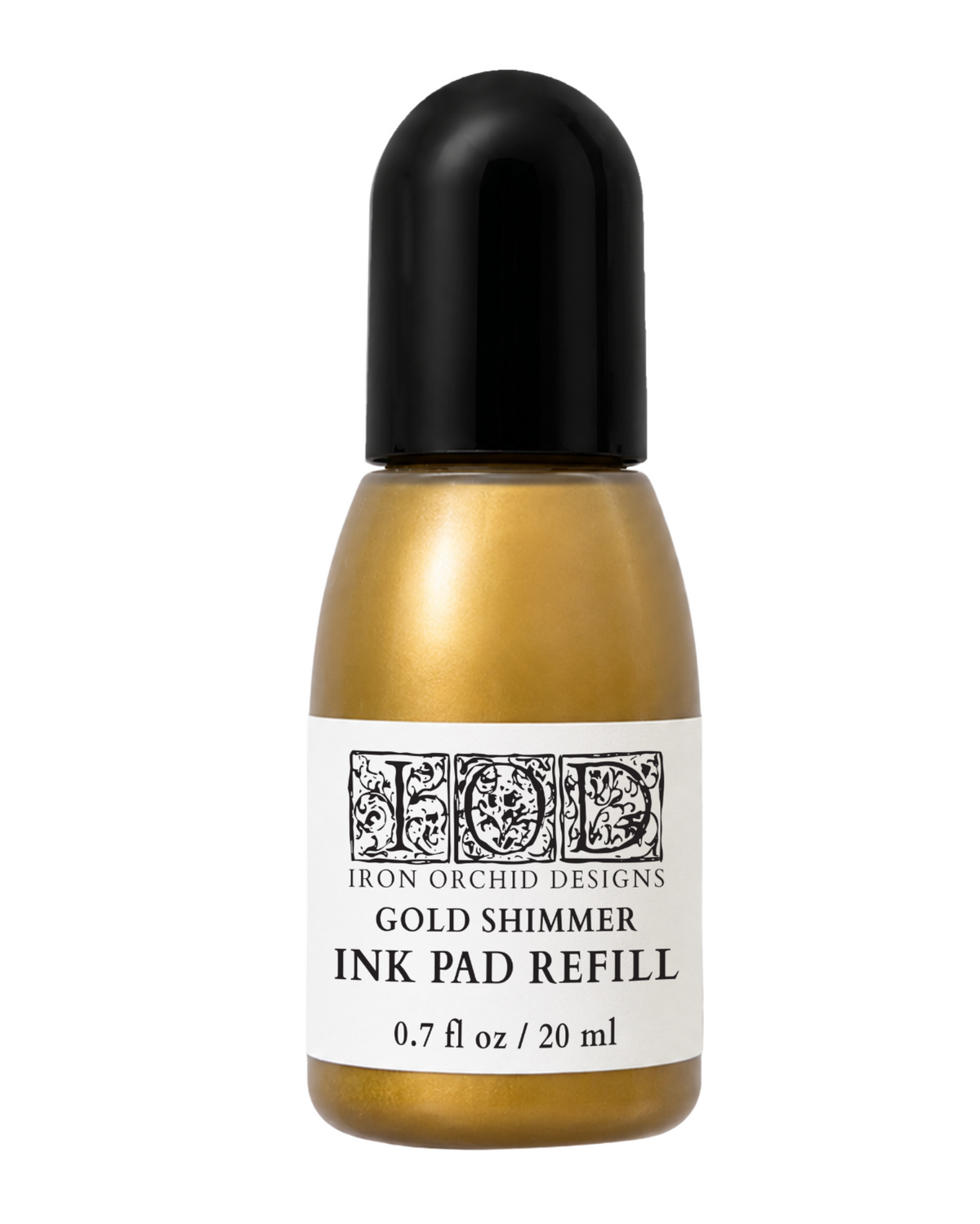 Iron Orchid Designs Gold Shimmer Ink Pad Refill in a 0.7 fl oz bottle with a black cap and white label, on a white background.