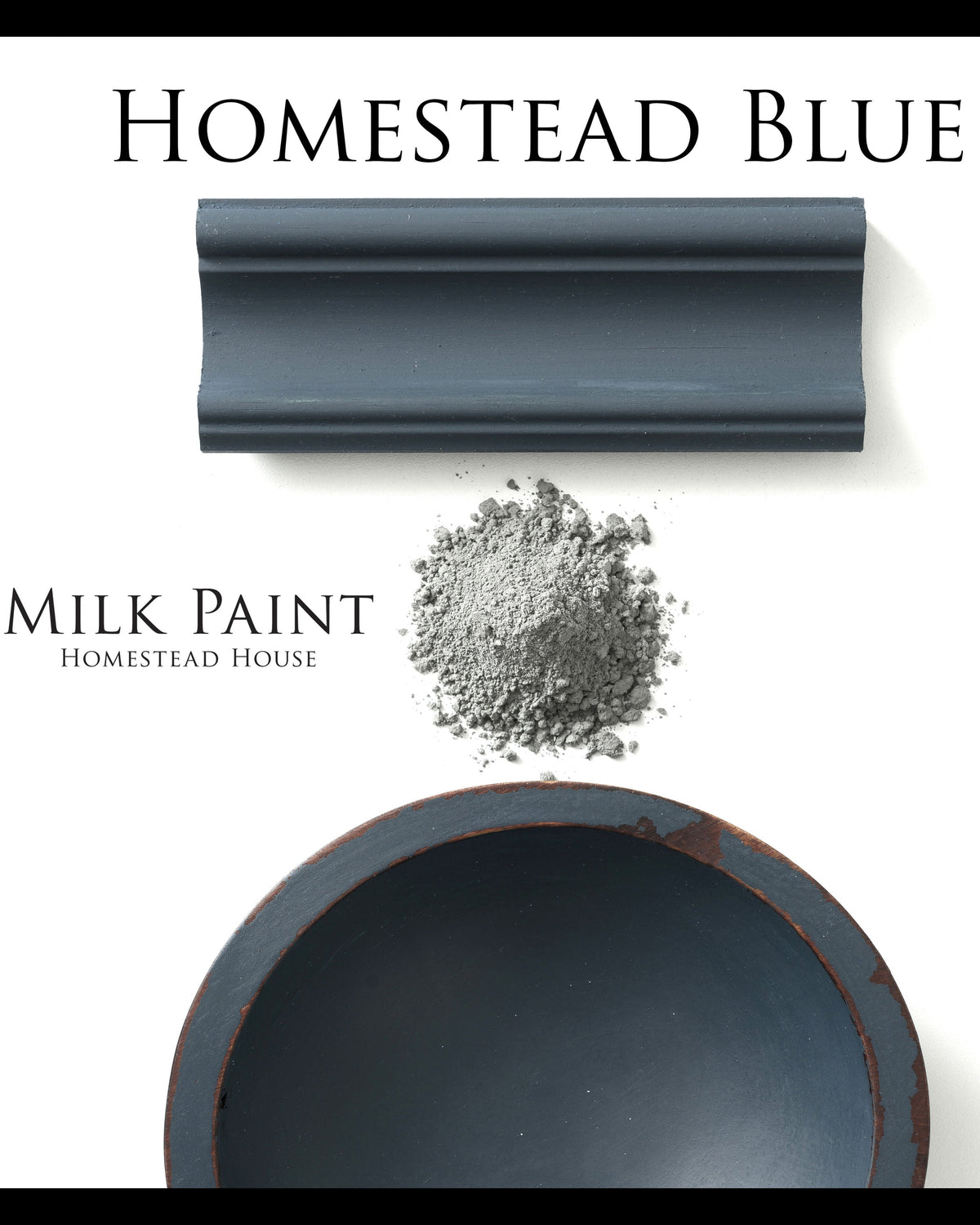 Homestead Blue milk paint with a sample on a white background